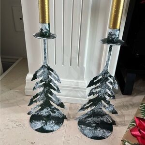 Two vintage metal Christmas tree candle holders